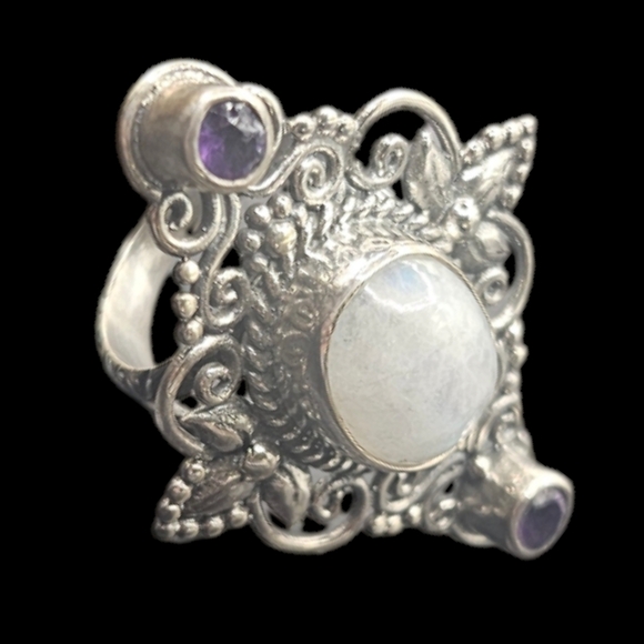 Rainbow Moonstone and Amethyst Ring - Picture 1 of 7